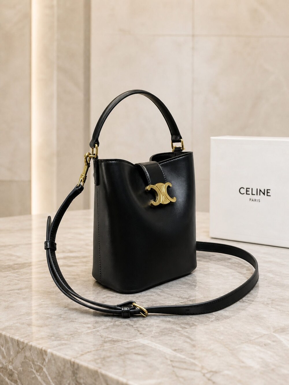 Celine Louise Medium Black Smooth Calfskin Bucket Shoulder Bag - Picture 2 of 9